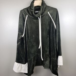 Anthropologie THML Olive Green Beige Trim Velour Velvet Cowl Neck Pullover